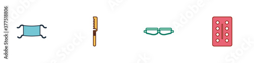 Set Medical protective mask, saw, Safety goggle glasses and Pills in blister pack icon. Vector.