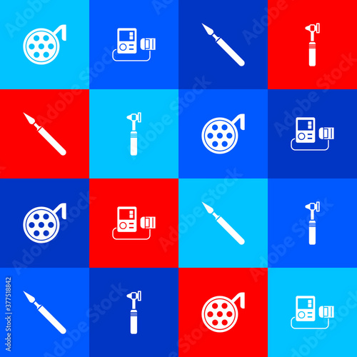 Set Surgery lamp, Blood pressure, Medical surgery scalpel and otoscope tool icon. Vector.