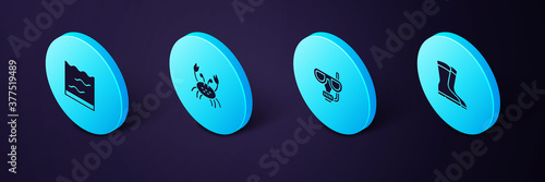Set Isometric Fishing boots, Diving mask and snorkel, Crab and Aquarium icon. Vector.