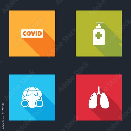 Set Corona virus covid-19, Liquid antibacterial soap, Earth with medical mask and Lungs icon. Vector.