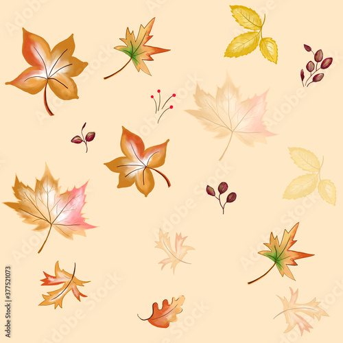Watercolor autumn leaves seamless pattern in nude background. Fall leaves and foliage watercolor.