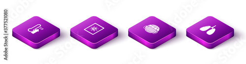 Set Isometric High human body temperature, Virus statistics on monitor, Earth with medical mask and Lungs icon. Vector.