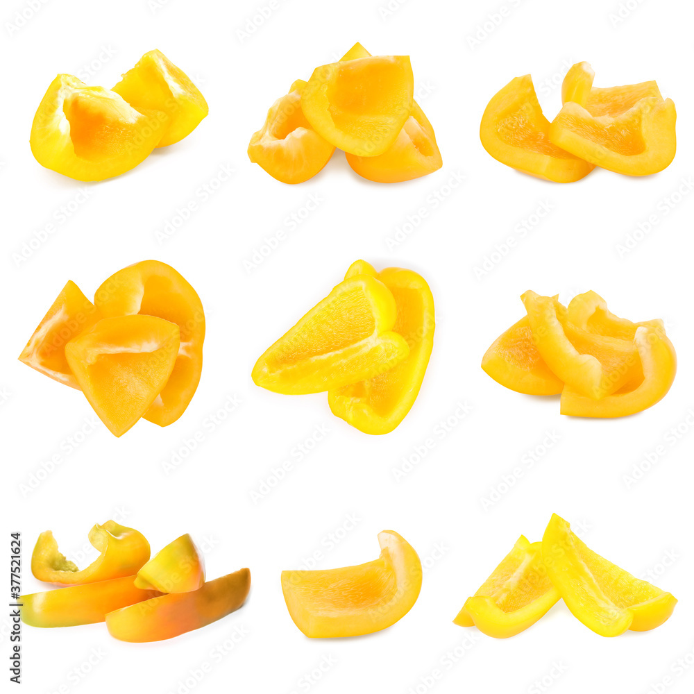 Set of yellow bell pepper slices isolated on white Set of yellow bell pepper slices isolated on white