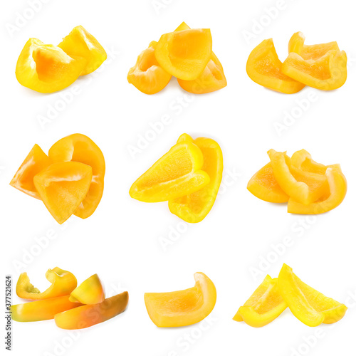 Set of yellow bell pepper slices isolated on white