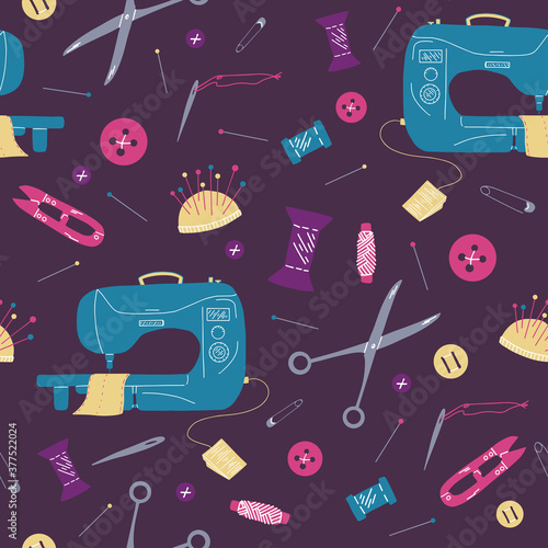 Sewing pattern with sewing machine, scissors, neddles, pins, threads, buttons and pincushion on purple background