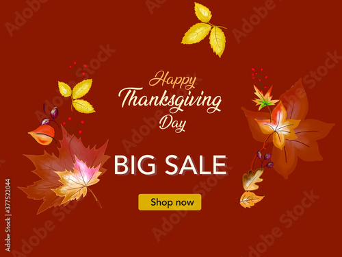 Thanks giving day big sale typography illustration. Fall leaves in maroon colour background