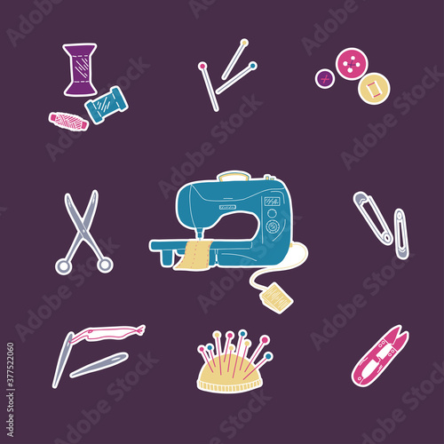 Stickers with sewing machine, scissors, neddles, pins, threads, buttons and pincushion on purple background
