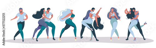 set with latin dancers. sexy girls and feminine men dance sensual dances. friends having fun at a party. Dance school.