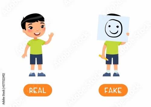 REAL and FAKE antonyms word card vector template. Opposites concept. Flashcard for english language learning with flat character. Boy holding drawing of smiling face illustration with typography