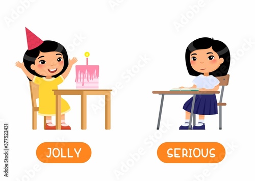 JOLLY and SERIOUS antonyms word card vector template. Opposites concept. Flashcard for english language learning. Child at school, asian girl celebrating holiday flat illustration with typography