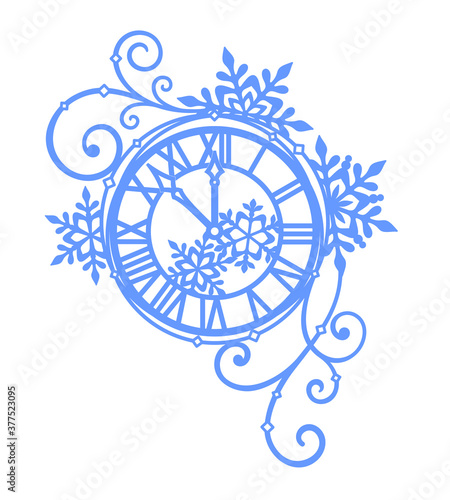 Openwork Christmas and New Year clock with snowflakes and swirls. Vector blue silhouette on a white background, design template for holiday greeting card, invitation, banner, laser and plotter cutting