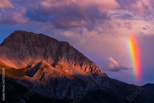 Rainbow in the Massif of Las Ubiñas between Asturias and Leon. In the Natural Parks of Las Ubiñas-La Mesa in Asturias and the Natural Park of Babia y Luna in Leon, Spain, Europe