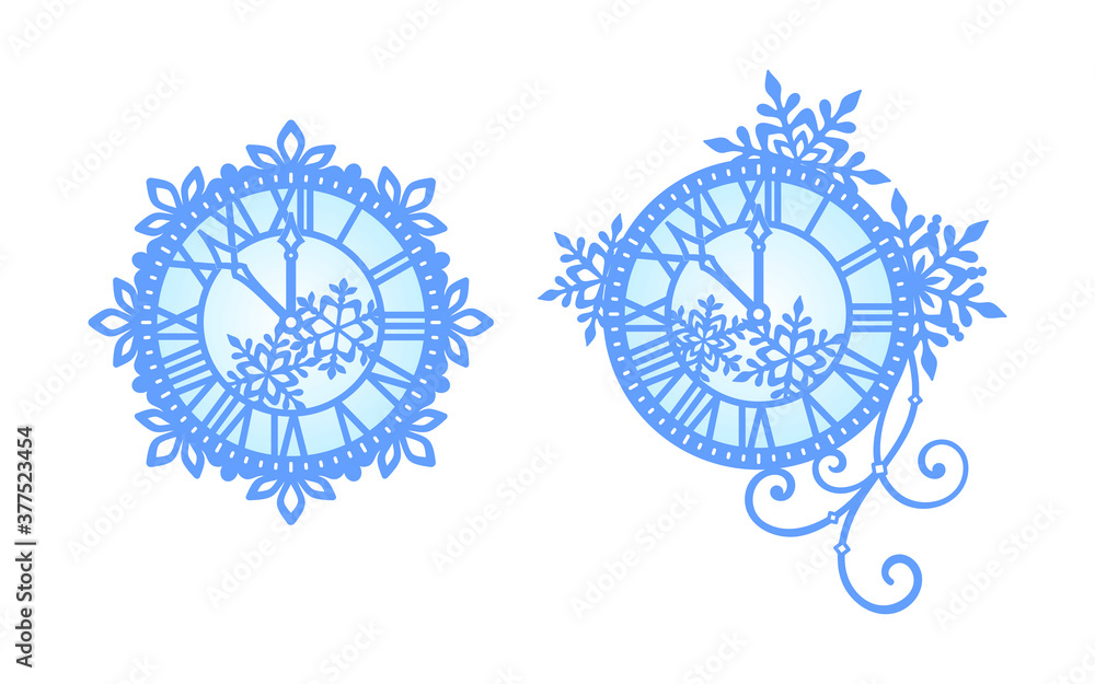 Decorative, blue, Christmas and New Year clock with snowflakes and curls on a white background. Vector couple set for holiday greeting card, invitation, banner, Christmas design and festive decoration