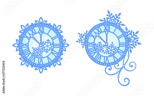 Decorative, blue, Christmas and New Year clock with snowflakes and curls on a white background. Vector couple set for holiday greeting card, invitation, banner, Christmas design and festive decoration