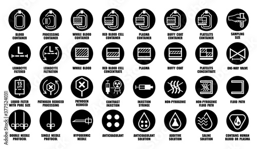 Full vector set of packaging icons for medical devices contain human blood, cells, plasma, platelets, leukocytes. Black package pictograms isolated on white