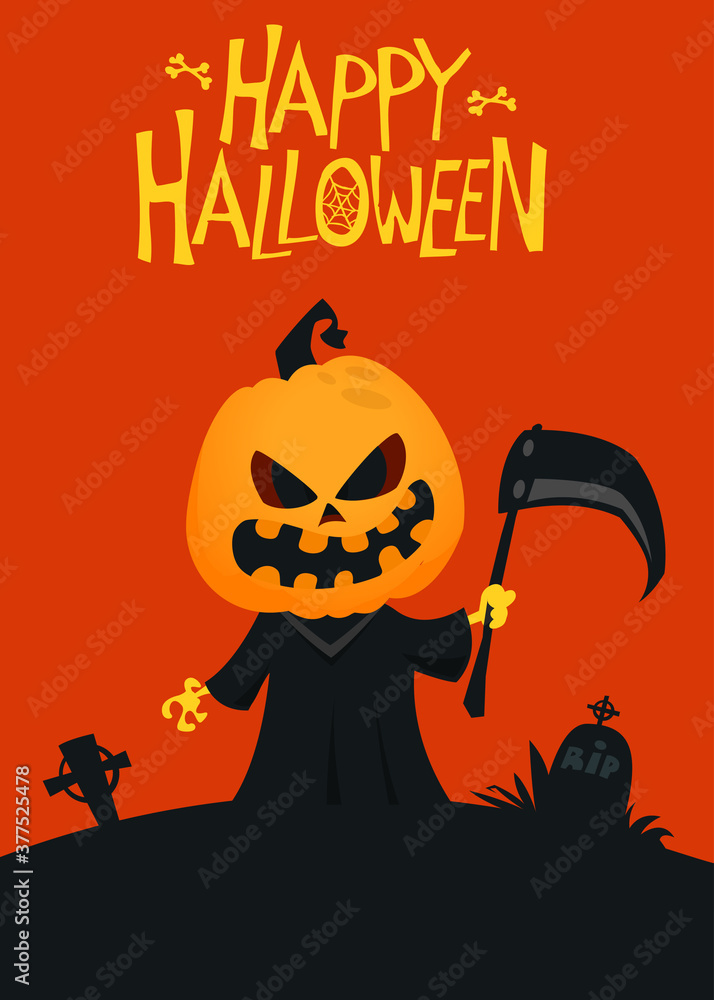 Grim reaper jack-o-lantern cartoon design. Vector illustration of a scarecrow holding scythe