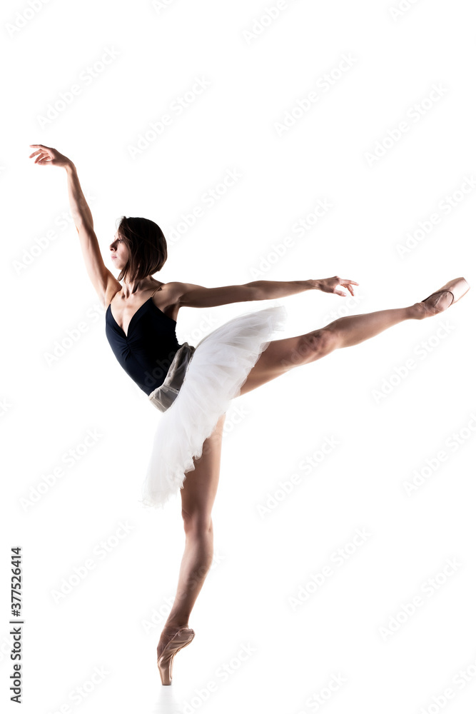 Female ballet dancer wearing tutu. Prima ballerina posing on white background
