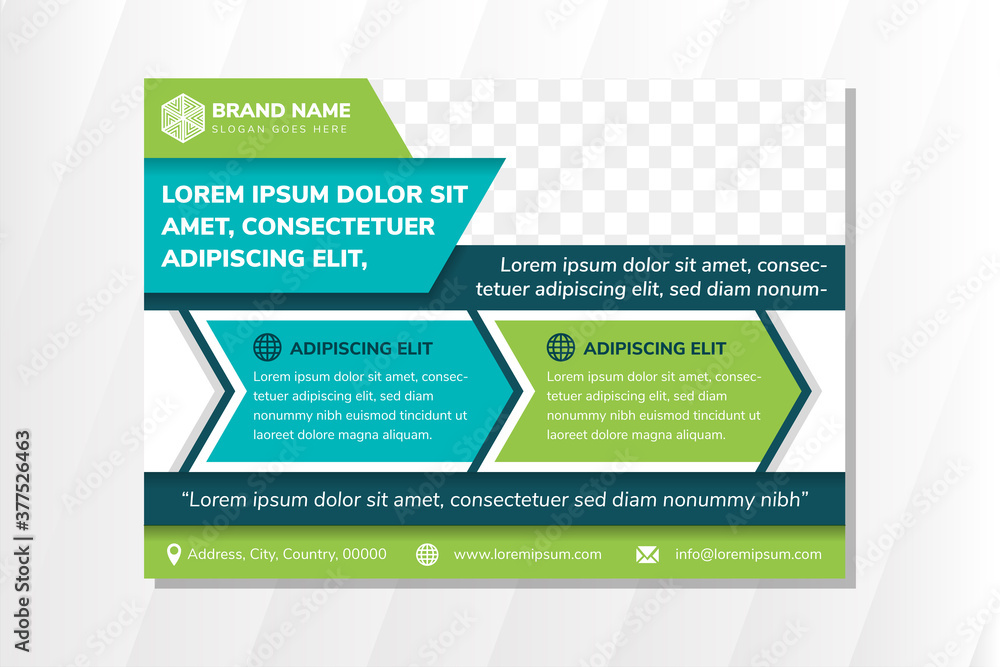abstract geometric horizontal flyer use combination green, blue and white colors. space for photo on top left side. arrow shape design template. abstract geometric horizontal flyer use combination green, blue and white colors. space for photo on top left side. arrow shape design template.