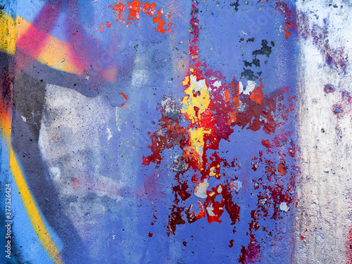 Abstract, damage to walls with many colors. Style of landscape. Rough concrete surface with cracks, scratches and paint stains. Great background or texture.
