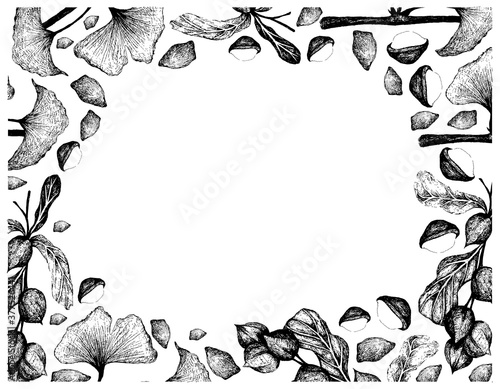 Nut and Bean, Hand Drawn Illustration Sketch Frame of Shelled and Unshelled Macadamia Nuts and Ginkgo Biloba, Ginkgo or Gingko Plants.
 photo