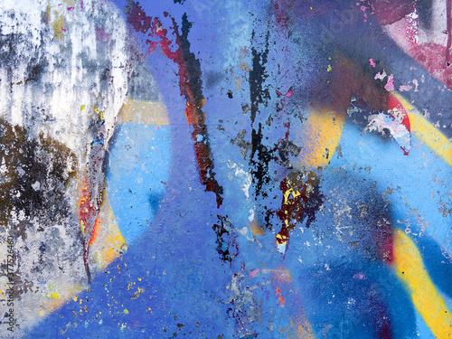 Abstract, damage to walls with many colors. Style of landscape. Rough concrete surface with cracks, scratches and paint stains. Great background or texture.