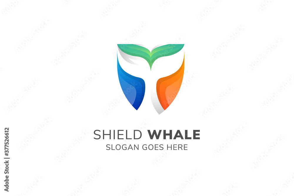 fine shield logo design template. the idea is combination of fin whale in negative space and shield on colorful shape. fine shield logo design template. the idea is combination of fin whale in negative space and shield on colorful shape.