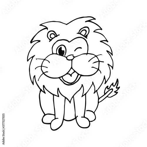 Cute little lion in cartoon style on white background, vector illustration. Coloring page.