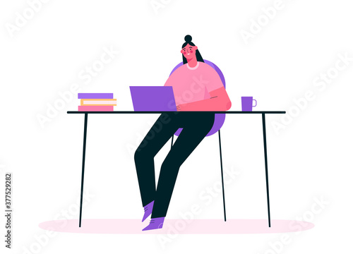 Remote work or online education concept. Woman working at home office, sitting at desk in room, looking at computer screen and talking with colleagues online. Home office. Flat vector illustration.