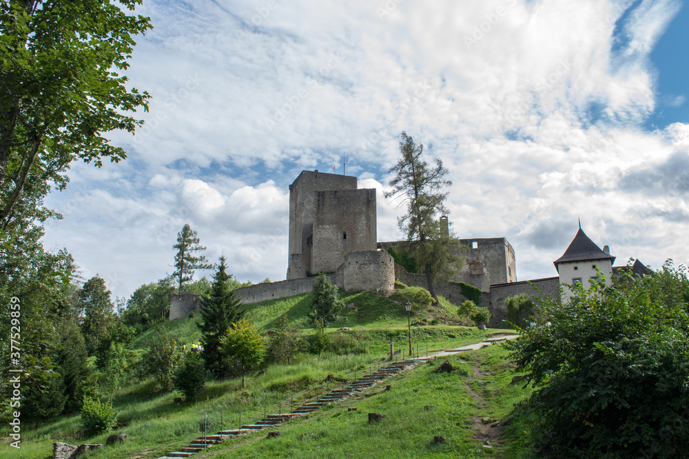 landstejn, Czech Republic. The main subject is out of focus, old stone castle summer blue sky tourism medieval tower