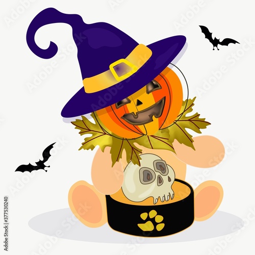 Cute teddy bear pumpkin in a witch hat sits on a white background, waving paw.
Skull in a bowl.
Vector isolated illustration with halloween treat and bats.