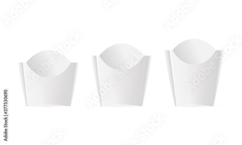 Set of french fries packaging boxes small, medium, large size, isolated on white background. Vector illustration