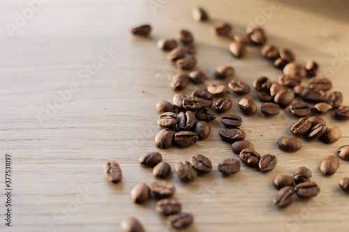 coffee beans on wooden background. Flat lay top-down