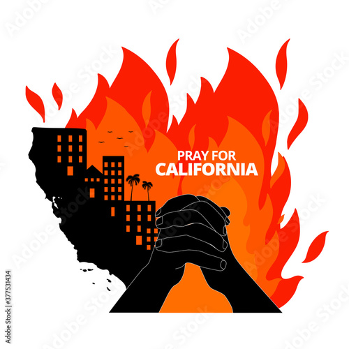Illustration vector graphic of California map with creek fire. The Buildings on map of California state, USA. Pray for California's Creek Fire concept. Flat style for banner design. Graphic elements.
