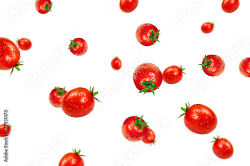 Fototapeta Naklejka Na Ścianę i Meble -  Fresh cherry tomatoes with water drops on a white background. Flying cherry tomatoes. High quality photo
