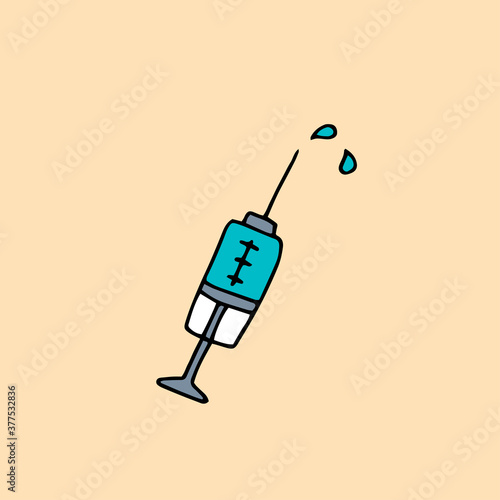 Colorful syringe with medicine. Vector doodle illustration, hand drawn