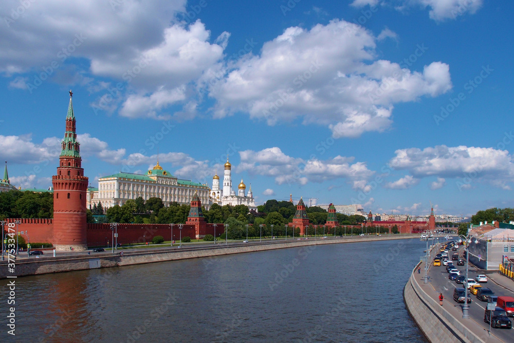 The Moscow Kremlin (Московский Кремль) from Moskva River in Moscow, Russia. June 13, 2018.