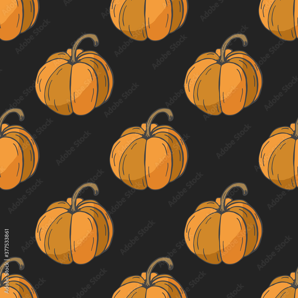 Pumpkins seamless pattern. Thanksgiving background with orange pumpkins on the dark. Vegetable background. Vector illustration. Pumpkins seamless pattern. Thanksgiving background with orange pumpkins on the dark. Vegetable background. Vector illustration.