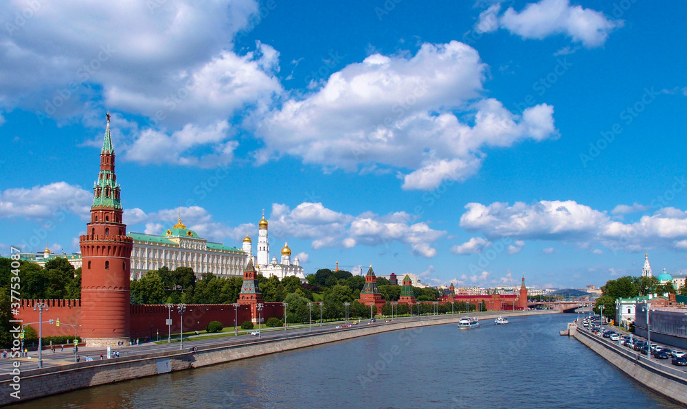 The Moscow Kremlin (Московский Кремль) from Moskva River in Moscow, Russia. June 13, 2018.