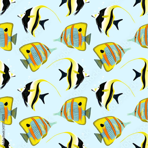  Pattern of Moorish idol and butterfly tropical fish. vector illustration.