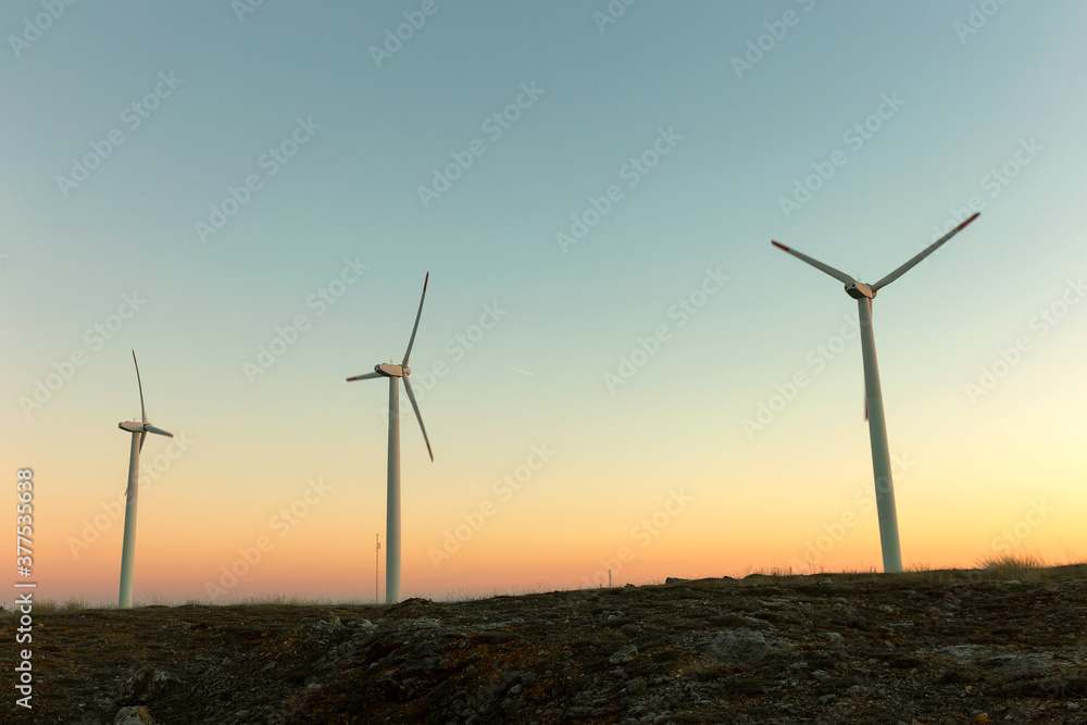 Wind Turbines at Dusk. Landscape sunset with windmills. Renewal source of electricity. Wind turbines field new technology for clean energy on mountain, sunset view with colorful twilight on sky Wind Turbines at Dusk. Landscape sunset with windmills. Renewal source of electricity. Wind turbines field new technology for clean energy on mountain, sunset view with colorful twilight on sky
