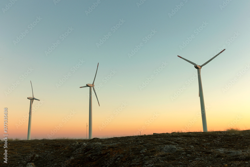 Wind Turbines at Dusk. Landscape sunset with windmills. Renewal source of electricity. Wind turbines field new technology for clean energy on mountain, sunset view with colorful twilight on sky