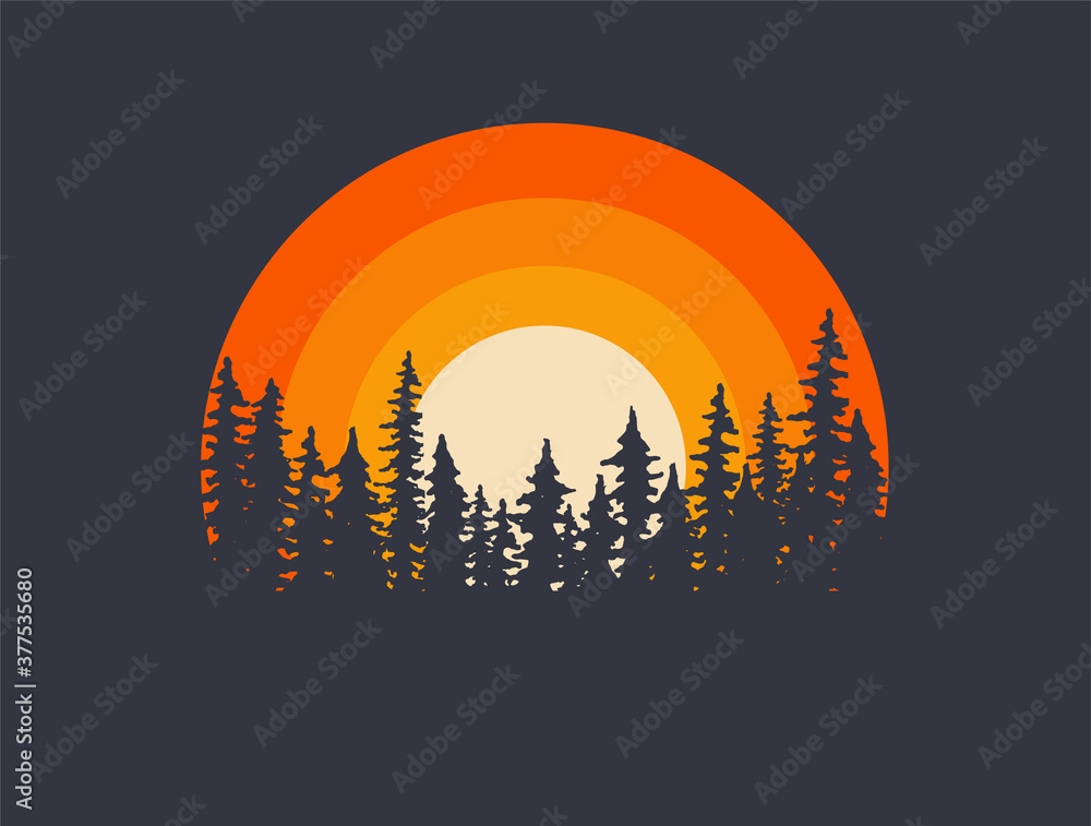 Forest landscape trees silhouettes with sunset on background. T-shirt or poster design illustration. Vector illustration