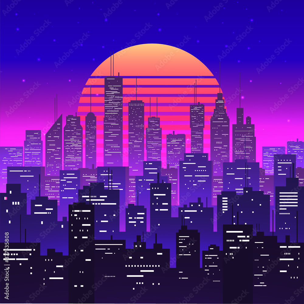 Night City Landscape At Purple Neon Retrowave Or Vaporwave Aesthetic Sunset Skyscrapers Silhouettes Dusk Cityscape Vintage Styled Vector Illustration Stock Vector Adobe Stock