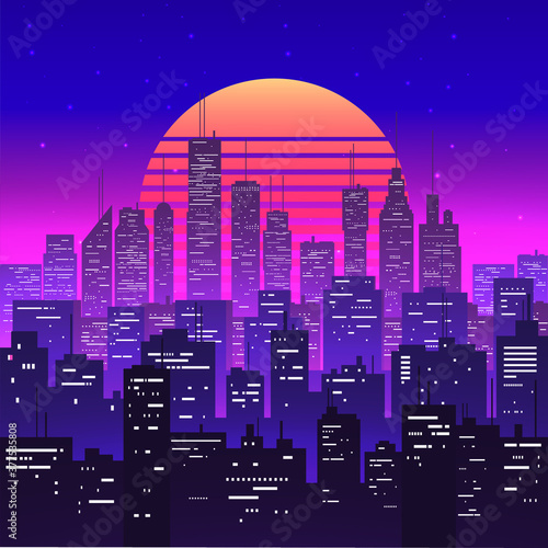 Night city landscape at purple neon retrowave or vaporwave aesthetic sunset. Skyscrapers silhouettes. Dusk cityscape. Vintage styled vector illustration.