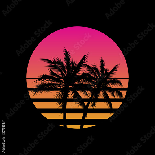 Vintage styled sunset with palm trees silhouettes logo or icon gesign template on black background. Vaporwave sun. Vector illustration