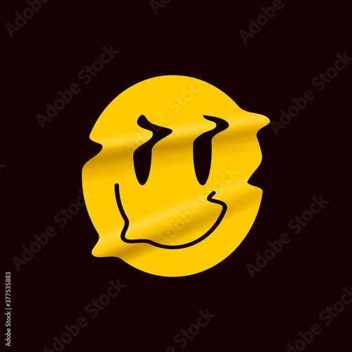 Yellow distorted smile emoji isolated on black background. Yellow smile face logo sticker or poster template for stand up comedy show. Vector illustration.
