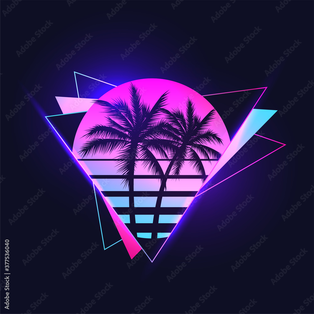 Fototapeta premium Retrowave or synthwave or vaporwave aesthetic illustration of vintage 80's gradient colored sunset with palm trees silhouettes on abstract triangle shapes background. Vector illustration