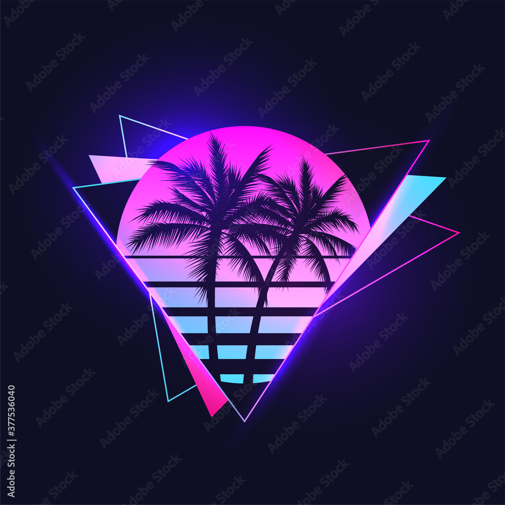 Naklejka premium Retrowave or synthwave or vaporwave aesthetic illustration of vintage 80's gradient colored sunset with palm trees silhouettes on abstract triangle shapes background. Vector illustration