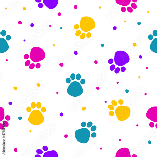 Dog paw wrapping paper seamless pattern. Swatch for veterinary clinic poster, party wallpaper, holiday textile print ,kids party card, pet shop sale advertising, woman dress print.