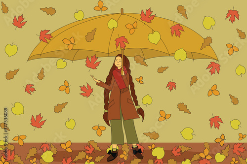 A girl in an autumn coat stands under a large umbrella. The girl enjoy in the coming autumn. Leaves fall around her to the ground. Autumn illustration. Warm colors. photo